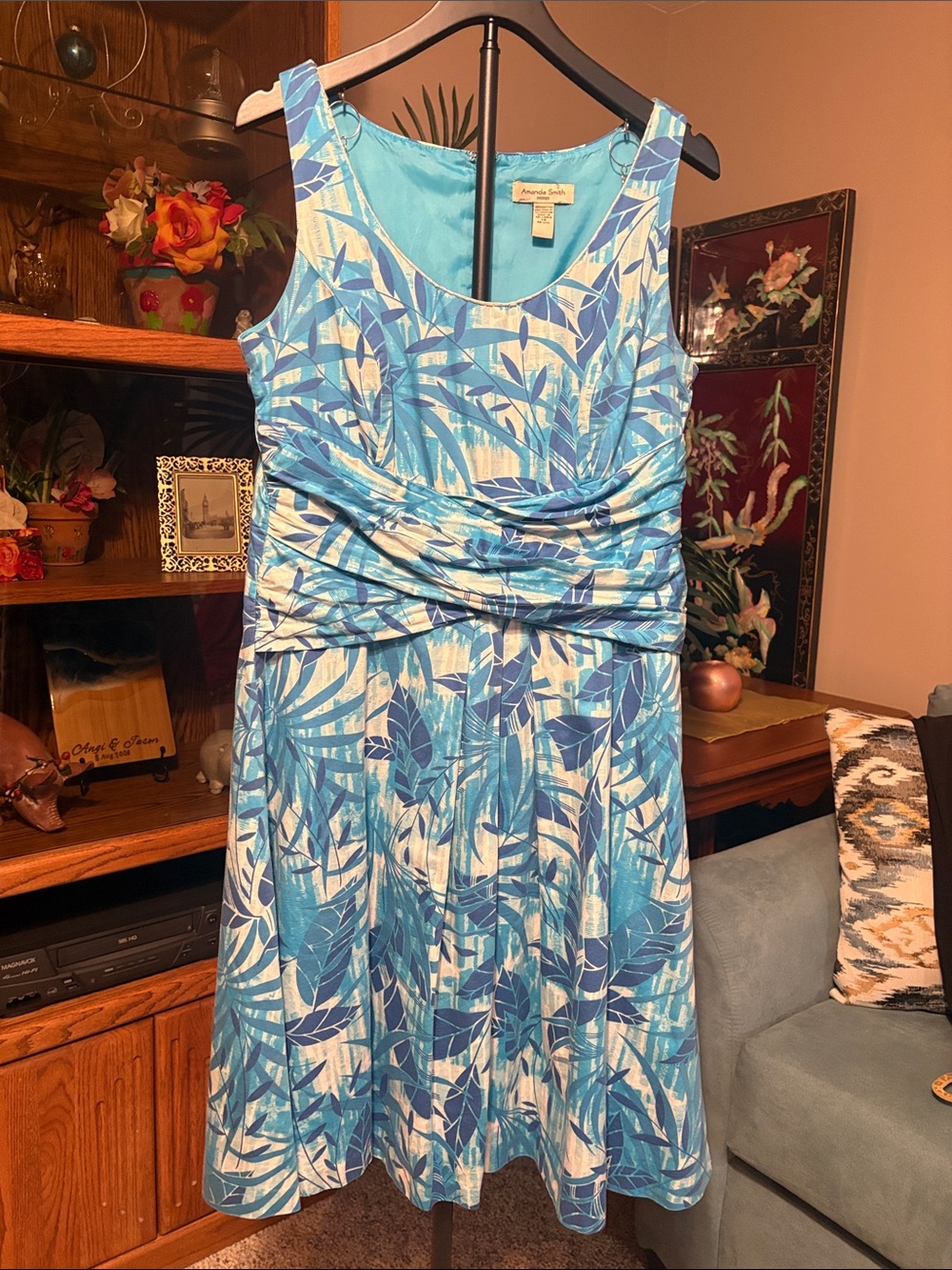 Blue & White Tropical Print Midi Dress